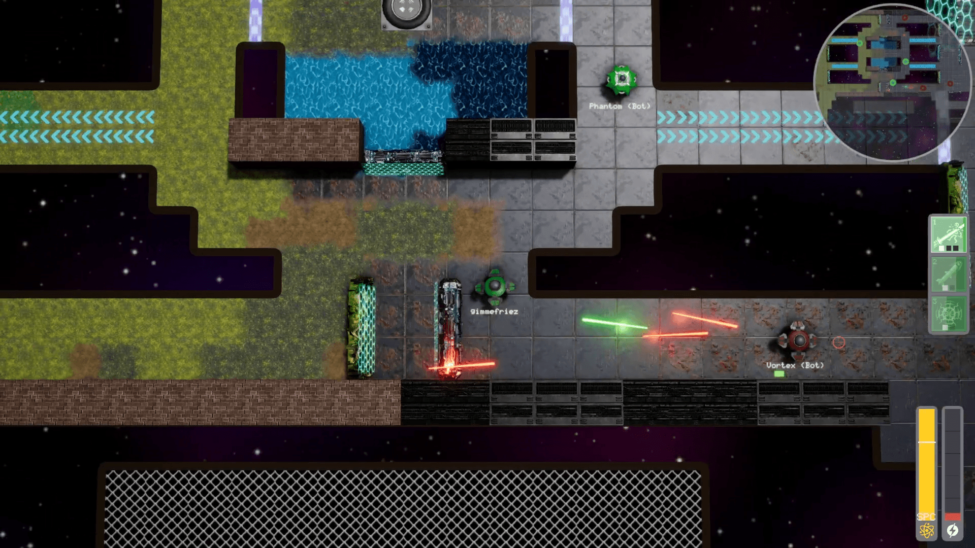 Gridfire gameplay — top-down laser combat in the Neon Sector