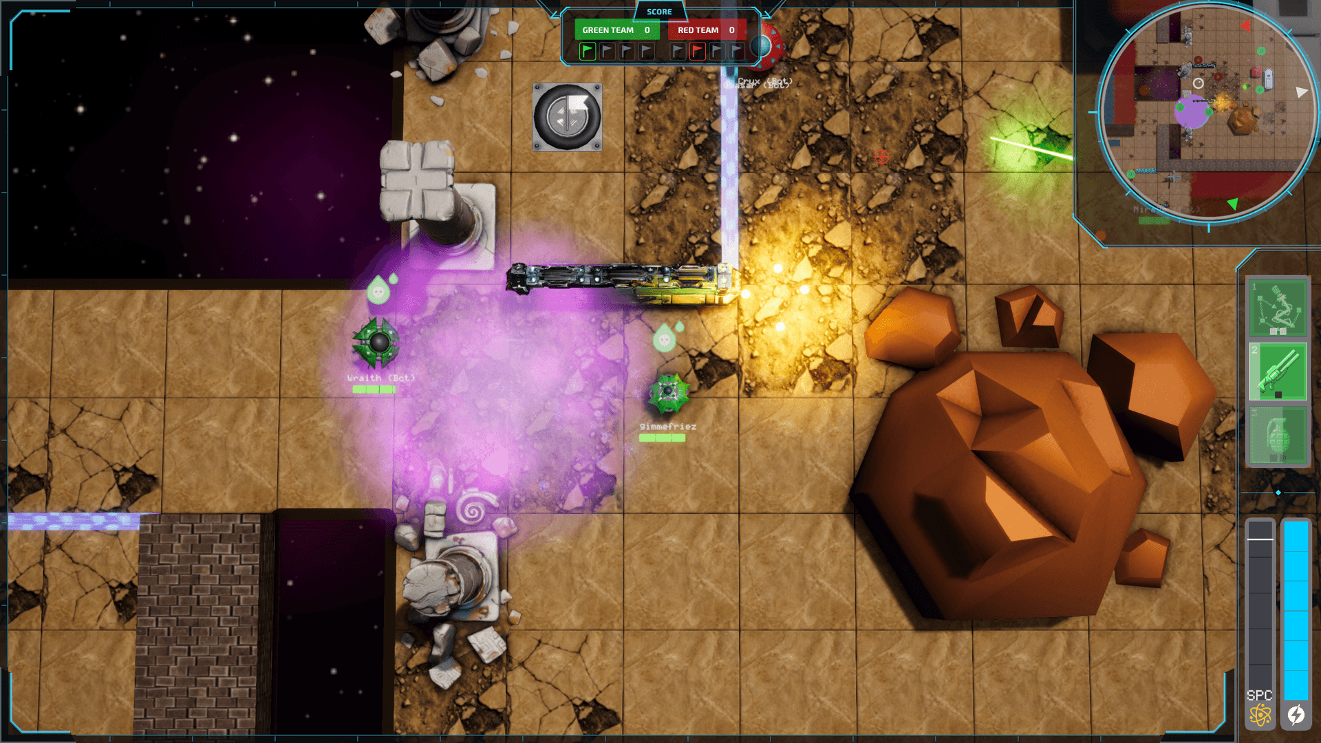 A toxin cloud spreading across a capture the flag lane beside a fresh blast