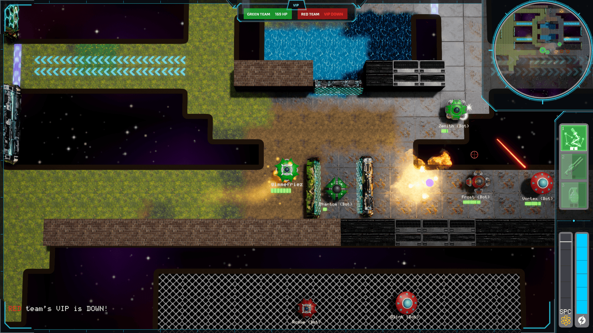 A VIP match mid-fight — one team's VIP is down while the survivors trade fire across the line